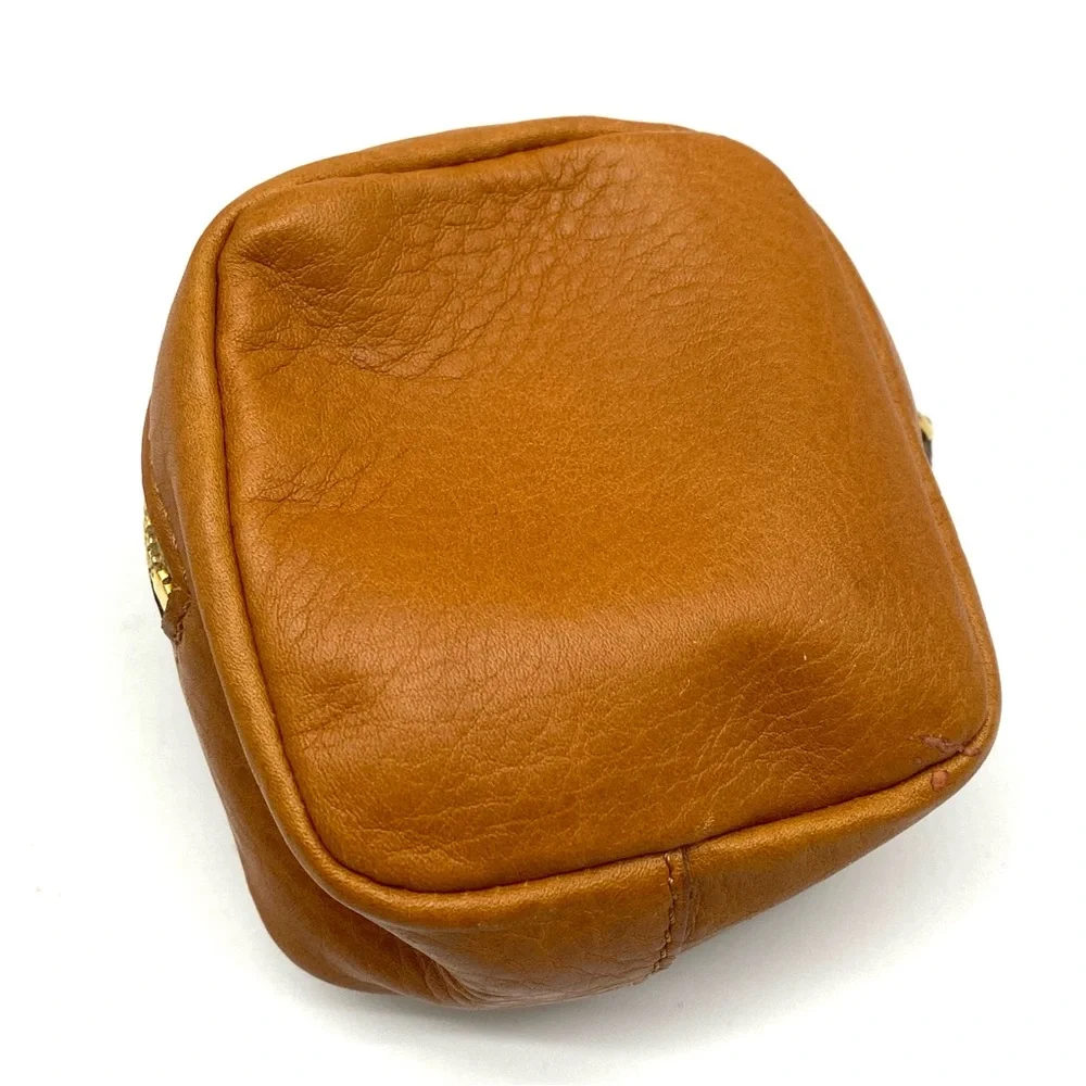 Christian Dior Tan Leather Gold Logo Mini Square Coin Pouch Wallet